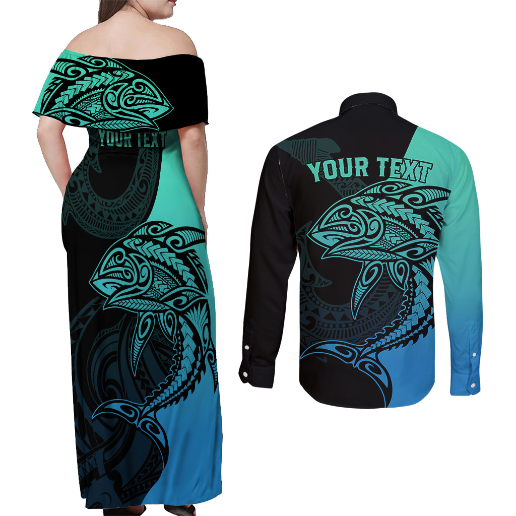 personalised-polynesia-fishing-couples-matching-off-shoulder-maxi-dress-and-long-sleeve-button-shirts-with-maori-hei-matau-fish-hook-turquoise-art