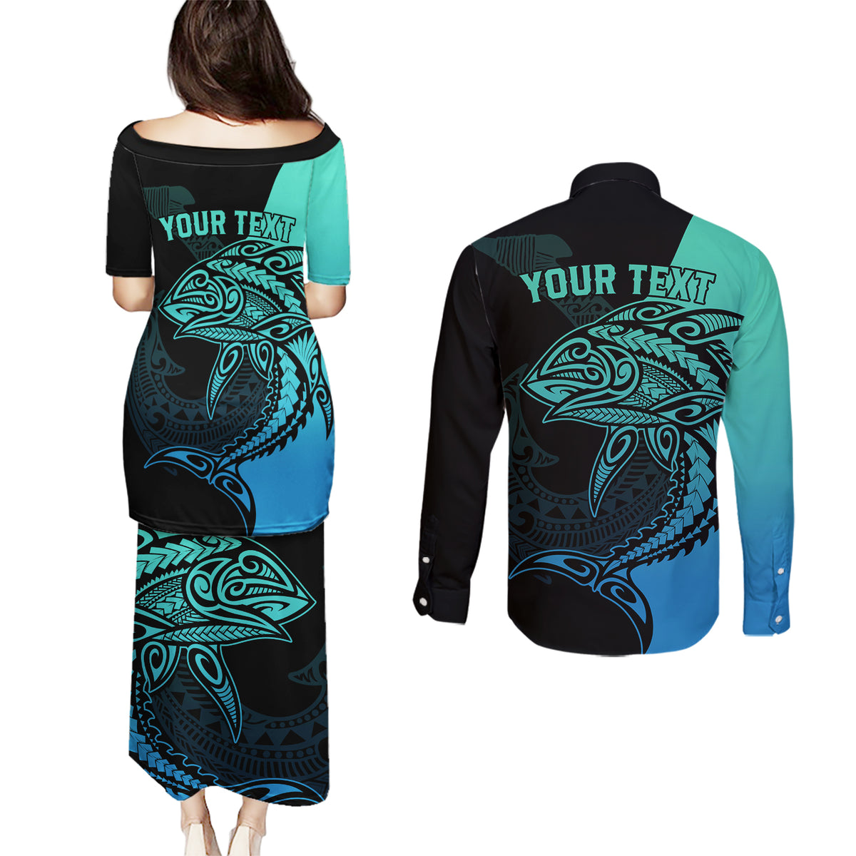 personalised-polynesia-fishing-couples-matching-puletasi-dress-and-long-sleeve-button-shirts-with-maori-hei-matau-fish-hook-turquoise-art
