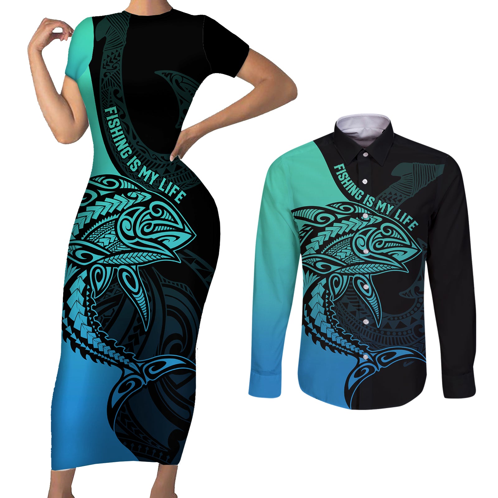 Personalised Polynesia Fishing Couples Matching Short Sleeve Bodycon Dress and Long Sleeve Button Shirts With Maori Hei Matau Fish Hook Turquoise Art LT9 Turquoise - Polynesian Pride