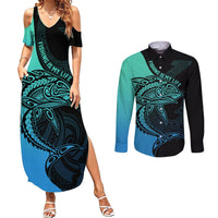 personalised-polynesia-fishing-couples-matching-summer-maxi-dress-and-long-sleeve-button-shirts-with-maori-hei-matau-fish-hook-turquoise-art