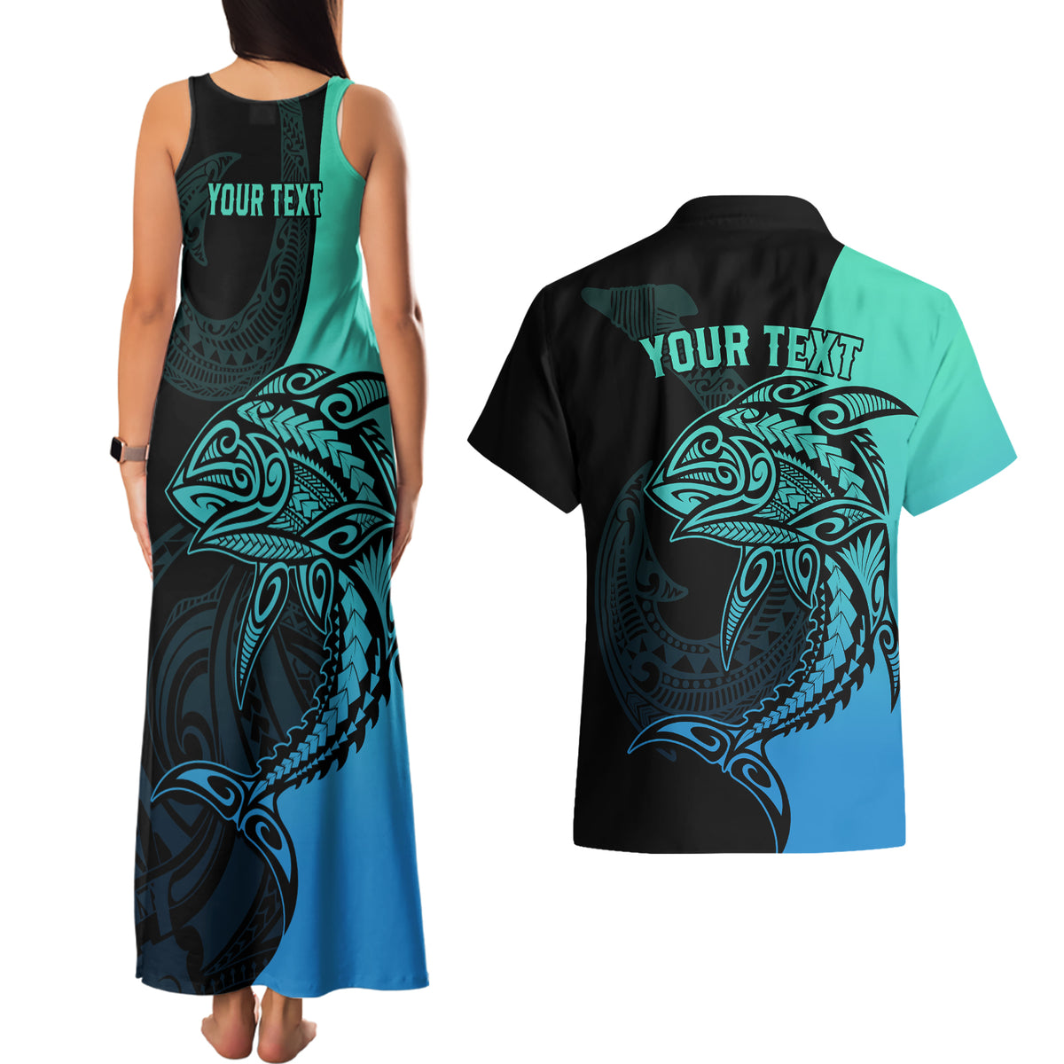 personalised-polynesia-fishing-couples-matching-tank-maxi-dress-and-hawaiian-shirt-with-maori-hei-matau-fish-hook-turquoise-art