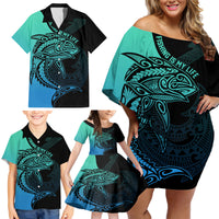 personalised-polynesia-fishing-family-matching-off-shoulder-short-dress-and-hawaiian-shirt-with-maori-hei-matau-fish-hook-turquoise-art