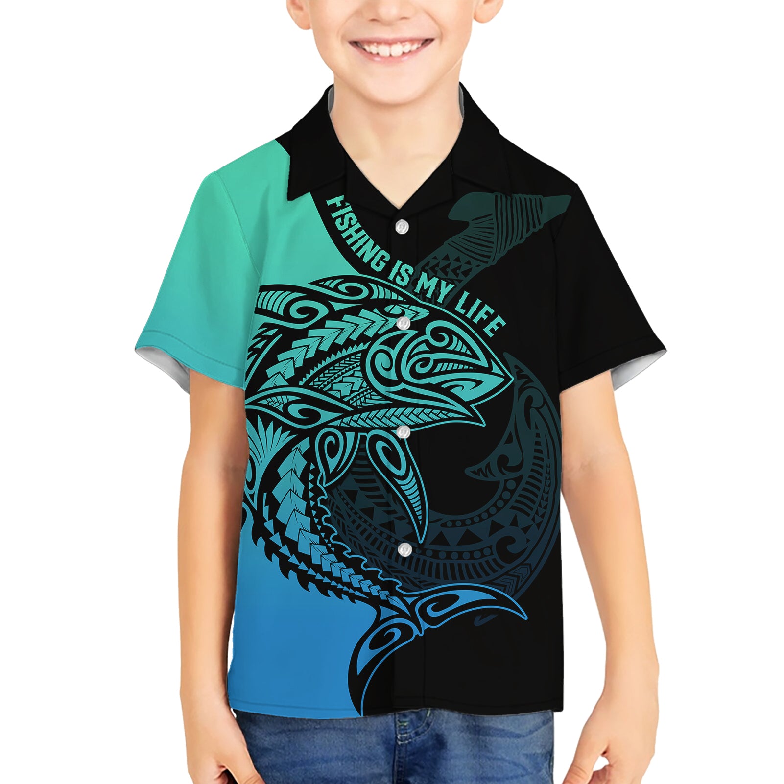 personalised-polynesia-fishing-kid-hawaiian-shirt-with-maori-hei-matau-fish-hook-turquoise-art