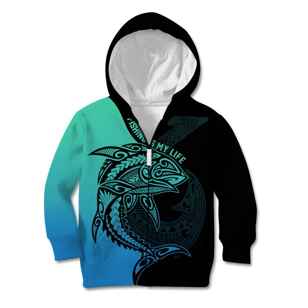 Personalised Polynesia Fishing Kid Hoodie With Maori Hei Matau Fish Hook Turquoise Art LT9 Zip Hoodie Turquoise - Polynesian Pride