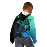Personalised Polynesia Fishing Kid Hoodie With Maori Hei Matau Fish Hook Turquoise Art LT9 - Polynesian Pride