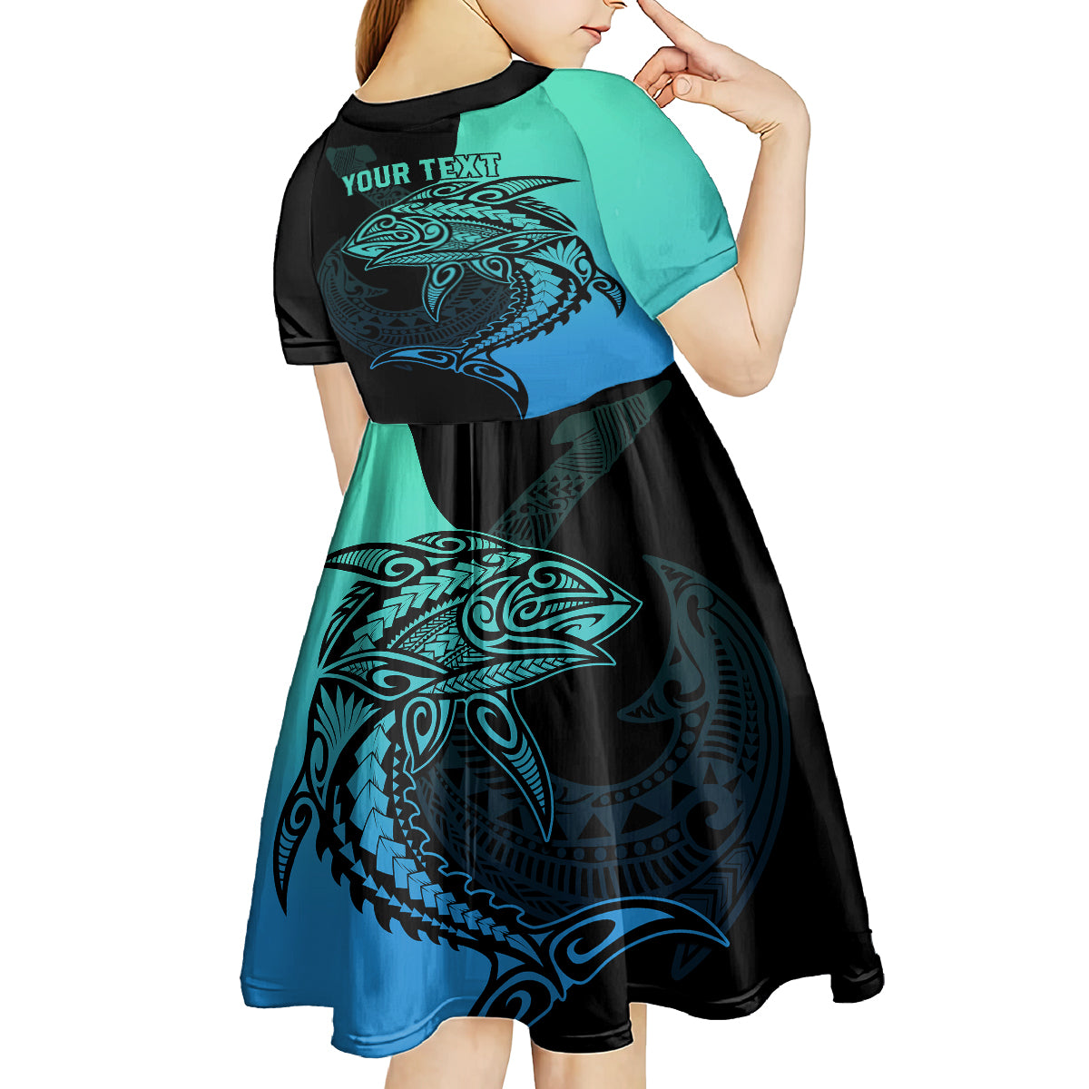 personalised-polynesia-fishing-kid-short-sleeve-dress-with-maori-hei-matau-fish-hook-turquoise-art