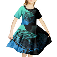personalised-polynesia-fishing-kid-short-sleeve-dress-with-maori-hei-matau-fish-hook-turquoise-art