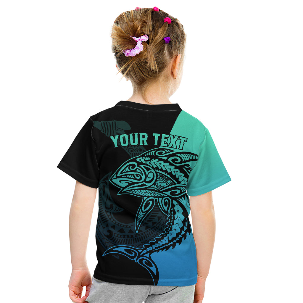 Personalised Polynesia Fishing Kid T Shirt With Maori Hei Matau Fish Hook Turquoise Art LT9 - Polynesian Pride