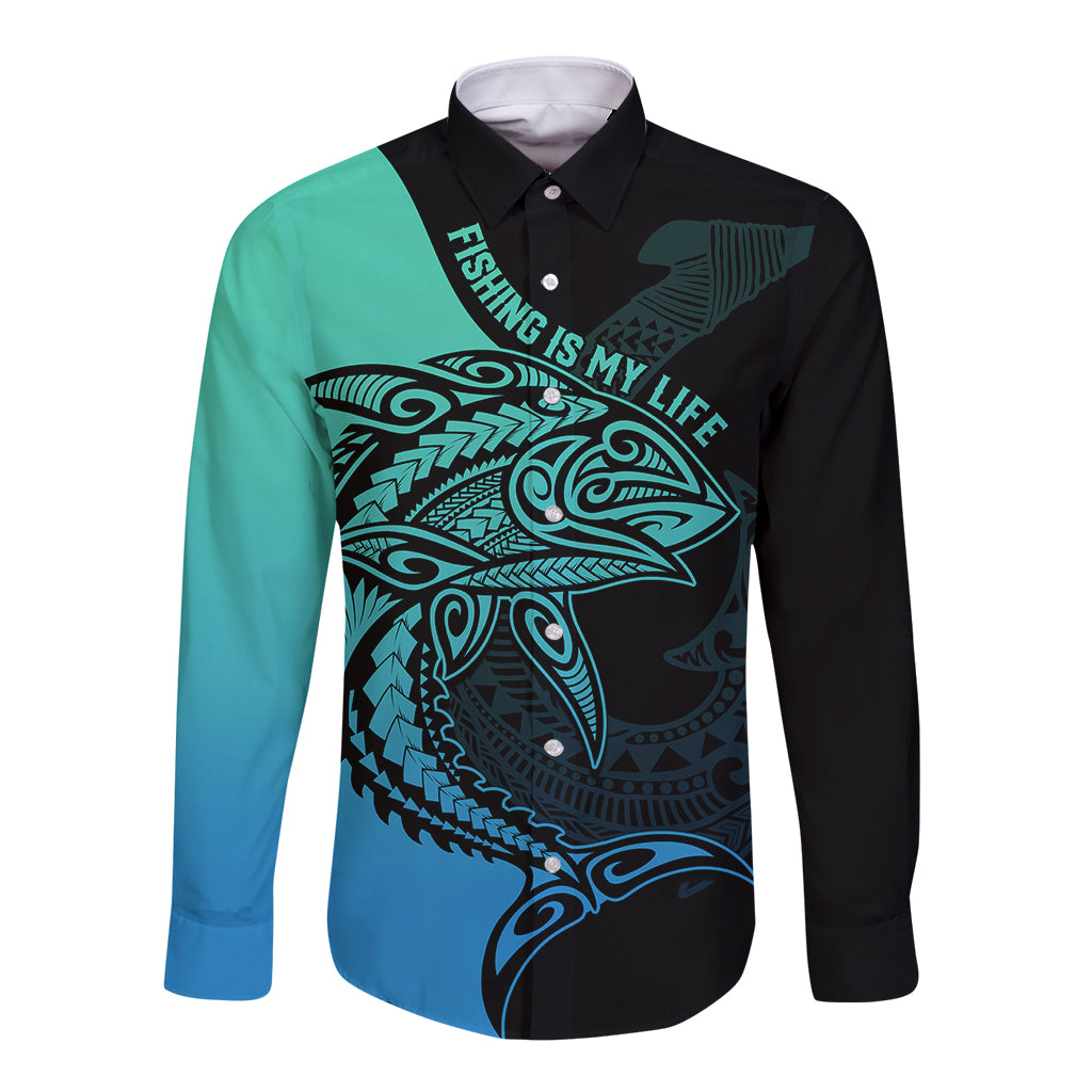 personalised-polynesia-fishing-long-sleeve-button-shirt-with-maori-hei-matau-fish-hook-turquoise-art