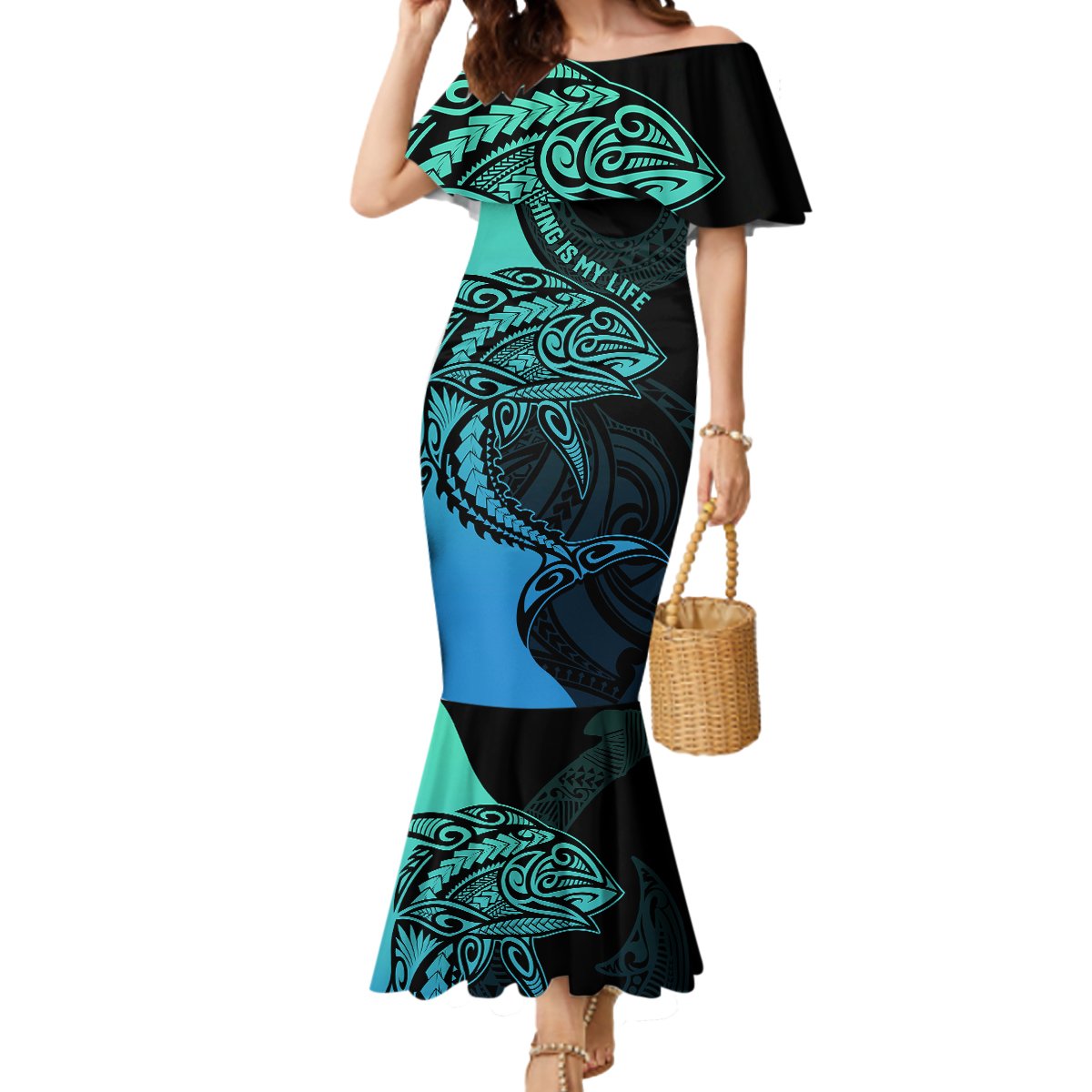 Personalised Polynesia Fishing Mermaid Dress With Maori Hei Matau Fish Hook Turquoise Art LT9 Women Turquoise - Polynesian Pride