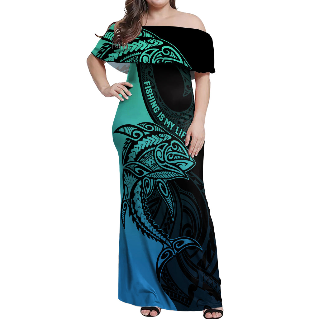personalised-polynesia-fishing-off-shoulder-maxi-dress-with-maori-hei-matau-fish-hook-turquoise-art