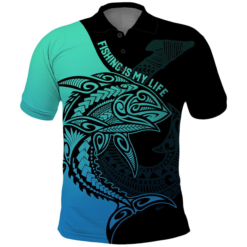 Personalised Polynesia Fishing Polo Shirt With Maori Hei Matau Fish Hook Turquoise Art LT9 Turquoise - Polynesian Pride