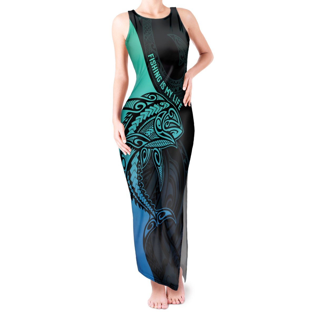Personalised Polynesia Fishing Tank Maxi Dress With Maori Hei Matau Fish Hook Turquoise Art LT9 Women Turquoise - Polynesian Pride