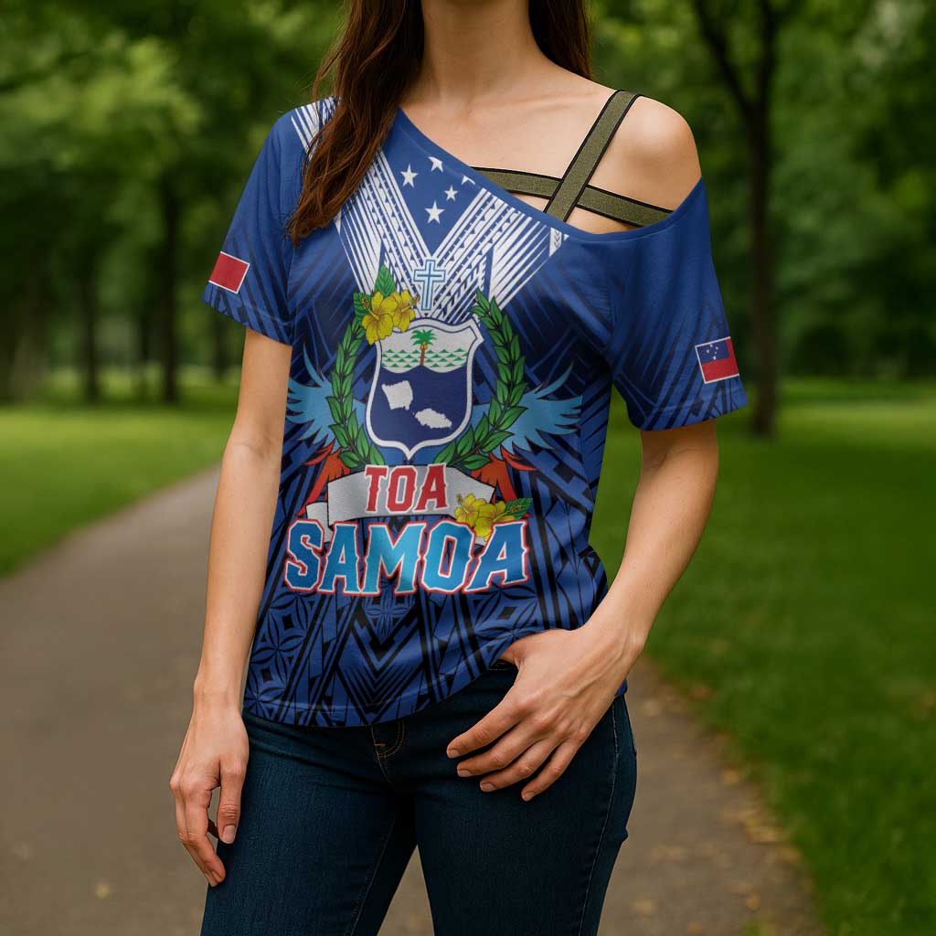 Custom Rugby Toa Samoa Cross Shoulder Shirt Samoa mo Samoa Strength in Tatau - Polynesian Pride