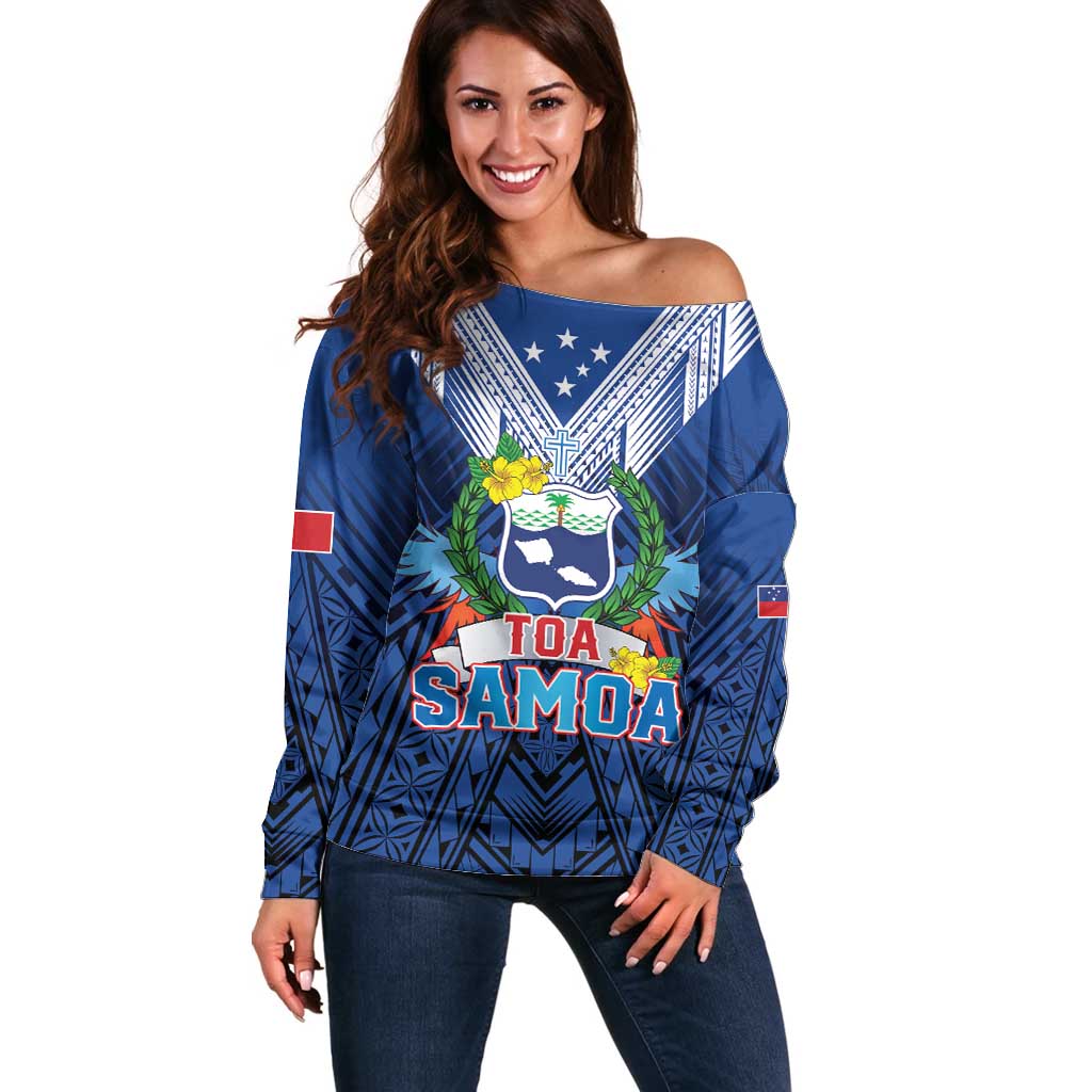 Custom Rugby Toa Samoa Off Shoulder Sweater Samoa mo Samoa Strength in Tatau - Polynesian Pride