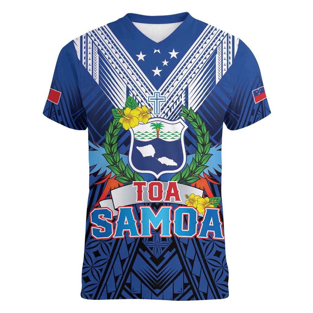 Custom Rugby Toa Samoa Women V-Neck T-Shirt Samoa mo Samoa Strength in Tatau - Polynesian Pride