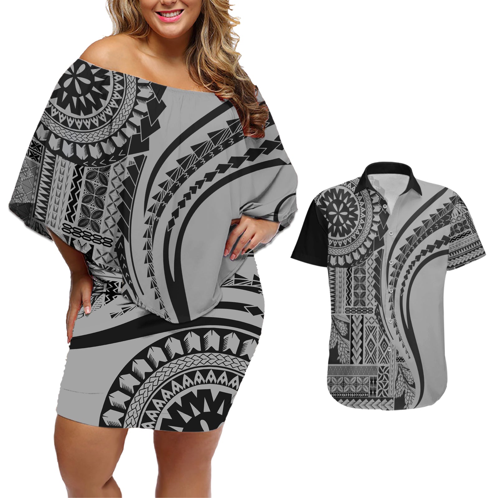 Samoa Siapo Arty Couples Matching Off Shoulder Short Dress and Hawaiian Shirt Black Style LT9 Black - Polynesian Pride