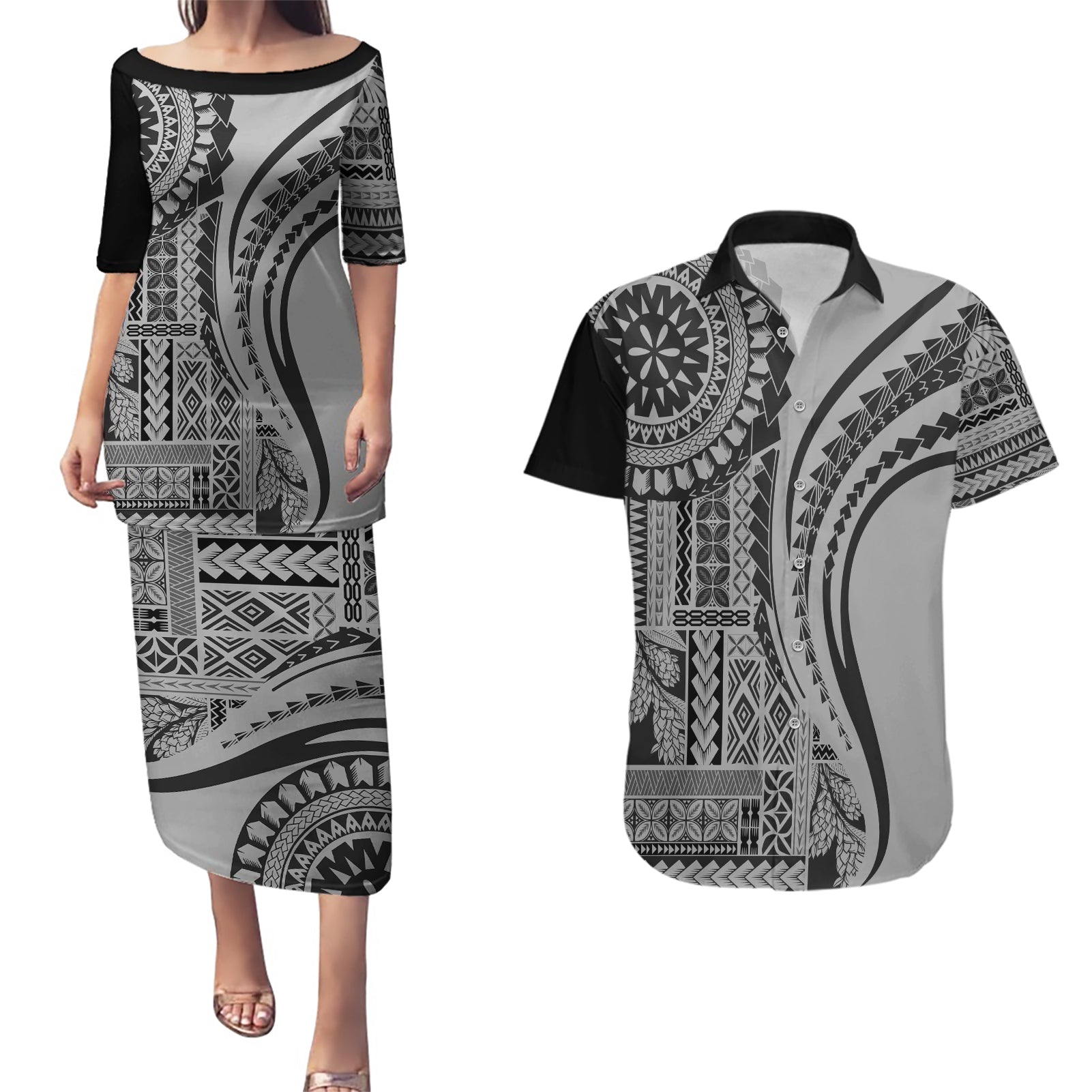 Samoa Siapo Arty Couples Matching Puletasi Dress and Hawaiian Shirt Black Style LT9 Black - Polynesian Pride