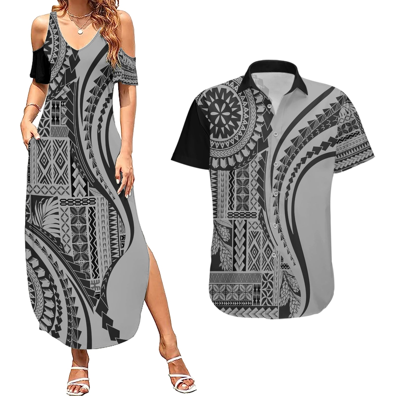 Samoa Siapo Arty Couples Matching Summer Maxi Dress and Hawaiian Shirt Black Style LT9 Black - Polynesian Pride