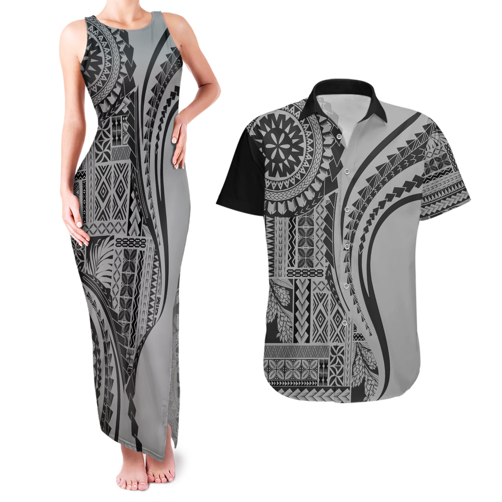 Samoa Siapo Arty Couples Matching Tank Maxi Dress and Hawaiian Shirt Black Style LT9 Black - Polynesian Pride