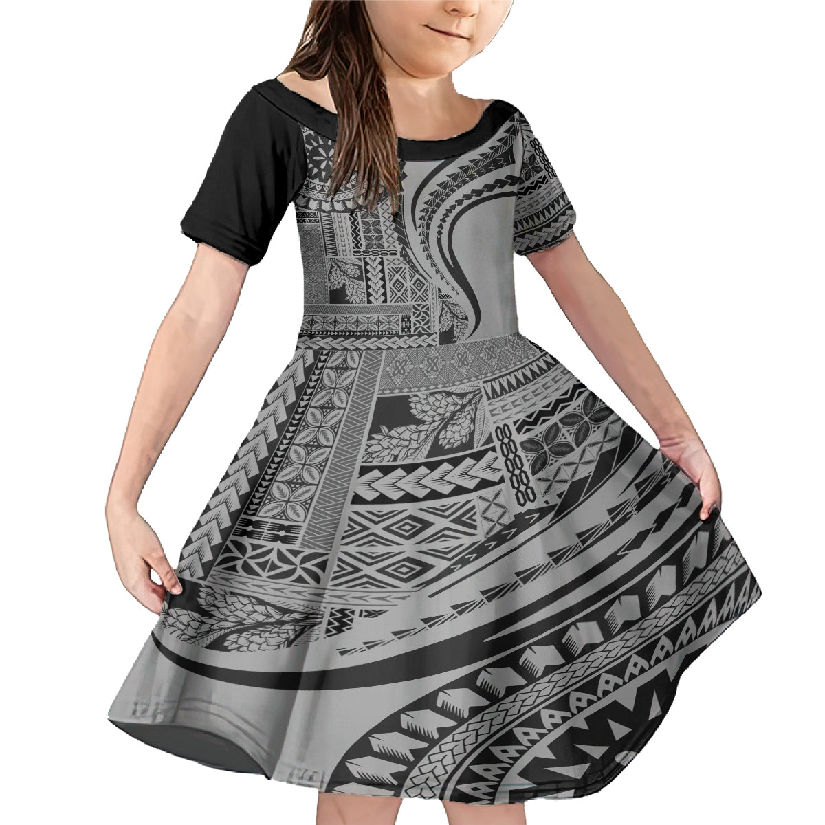 Samoa Siapo Arty Family Matching Mermaid Dress and Hawaiian Shirt Black Style LT9 Daughter's Dress Black - Polynesian Pride