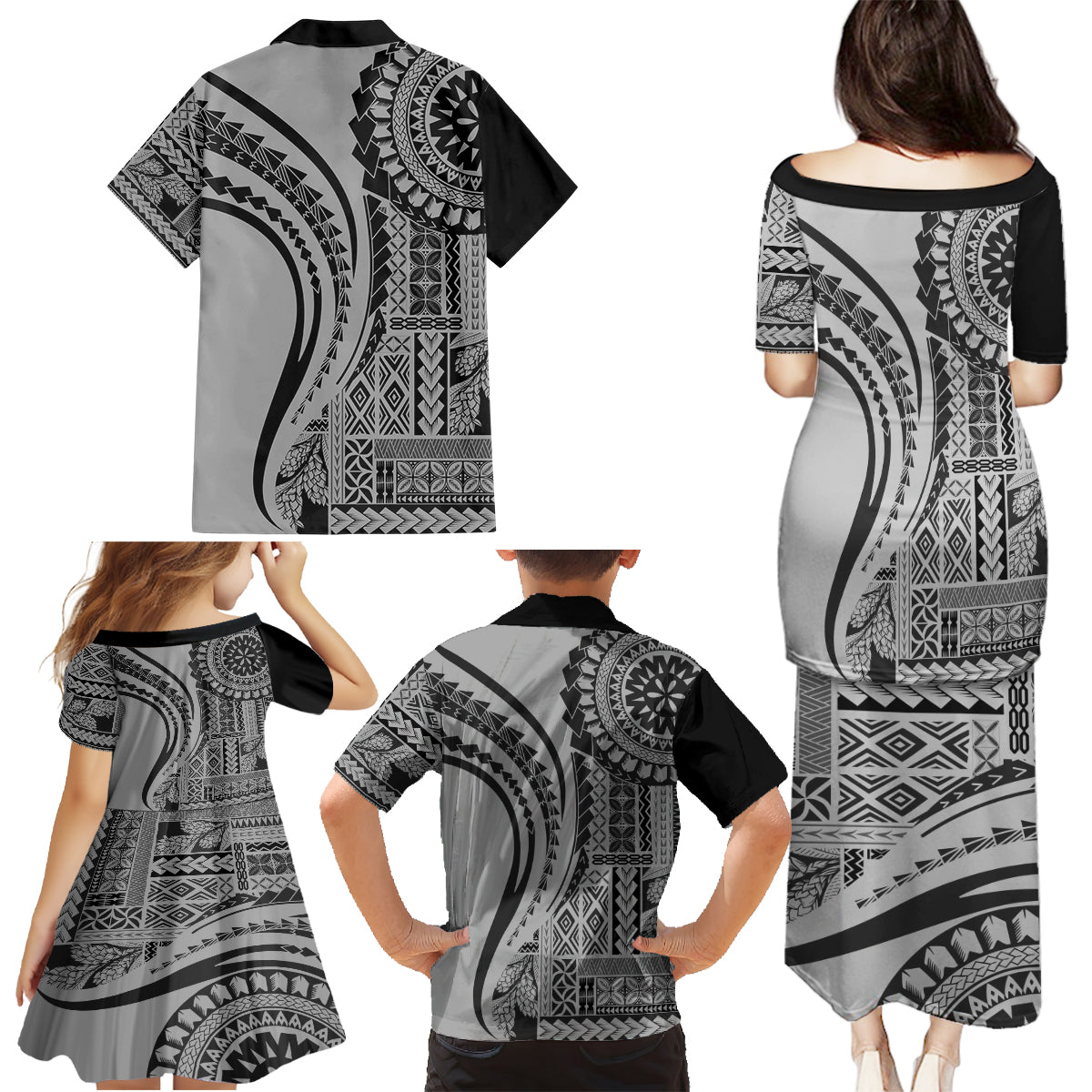 Samoa Siapo Arty Family Matching Puletasi Dress and Hawaiian Shirt Black Style LT9 - Polynesian Pride