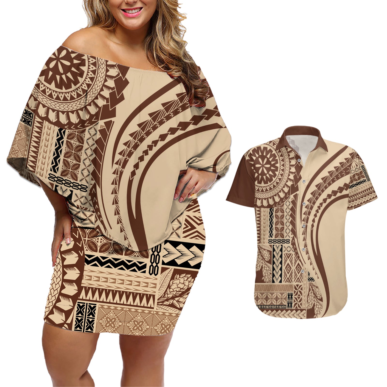 Samoa Siapo Arty Couples Matching Off Shoulder Short Dress and Hawaiian Shirt Brown Style LT9 Brown - Polynesian Pride