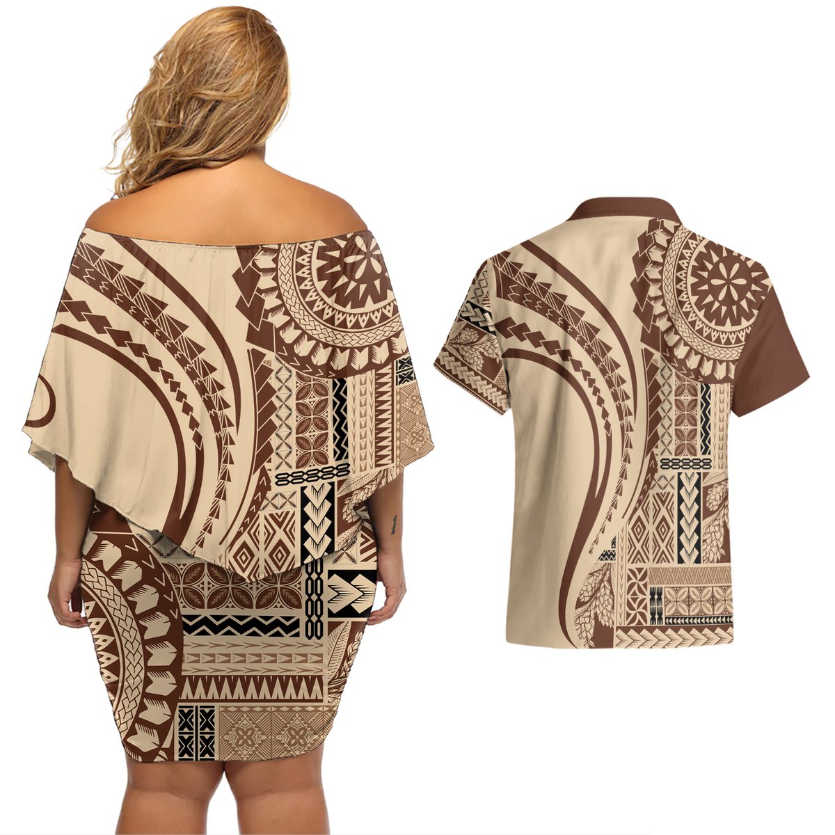 Samoa Siapo Arty Couples Matching Off Shoulder Short Dress and Hawaiian Shirt Brown Style LT9 - Polynesian Pride