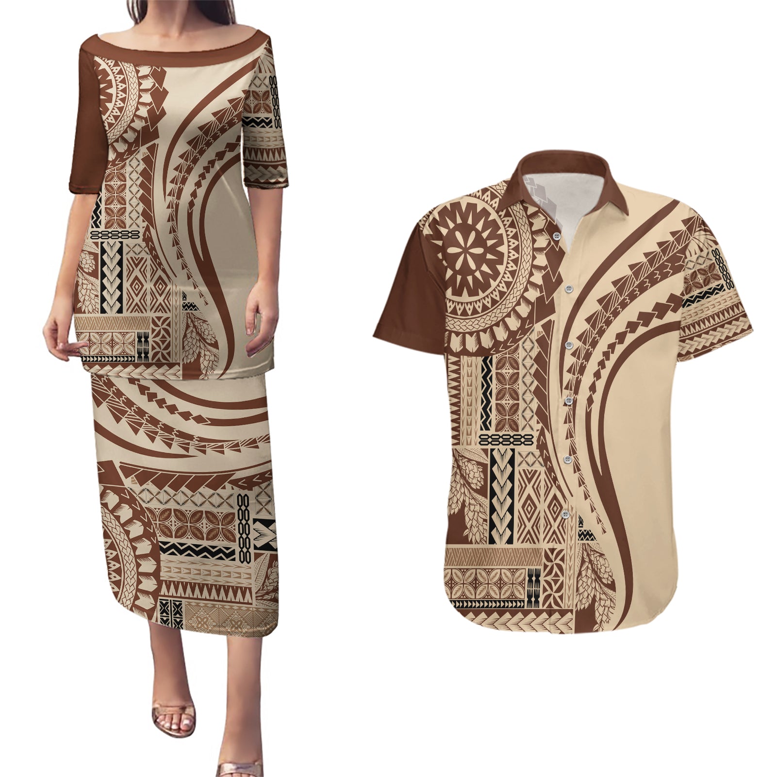 Samoa Siapo Arty Couples Matching Puletasi Dress and Hawaiian Shirt Brown Style LT9 Brown - Polynesian Pride