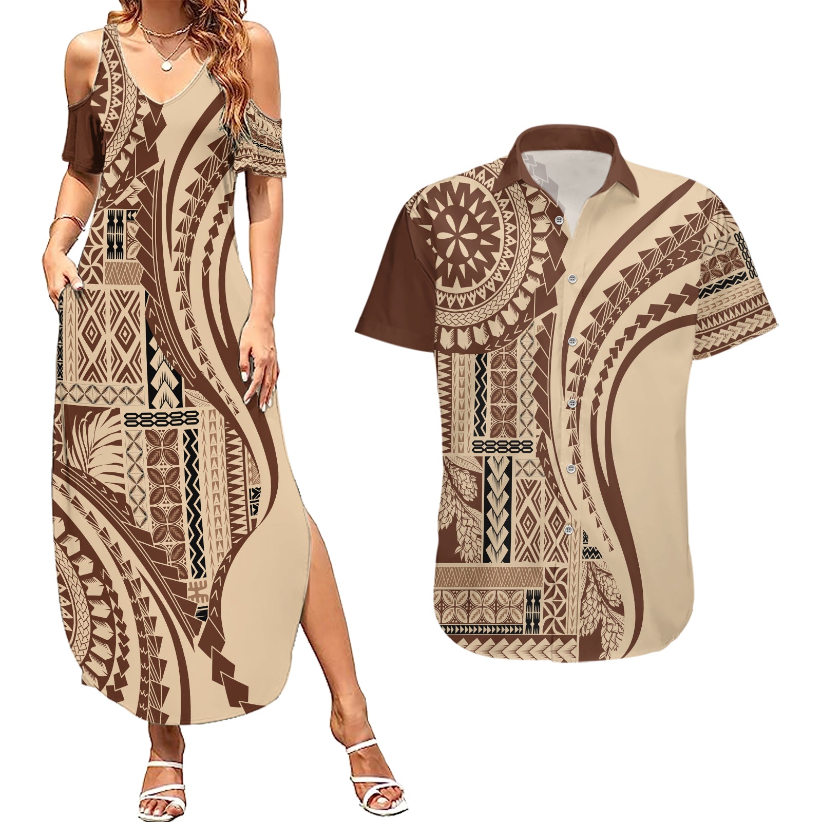 Samoa Siapo Arty Couples Matching Summer Maxi Dress and Hawaiian Shirt Brown Style LT9 Brown - Polynesian Pride