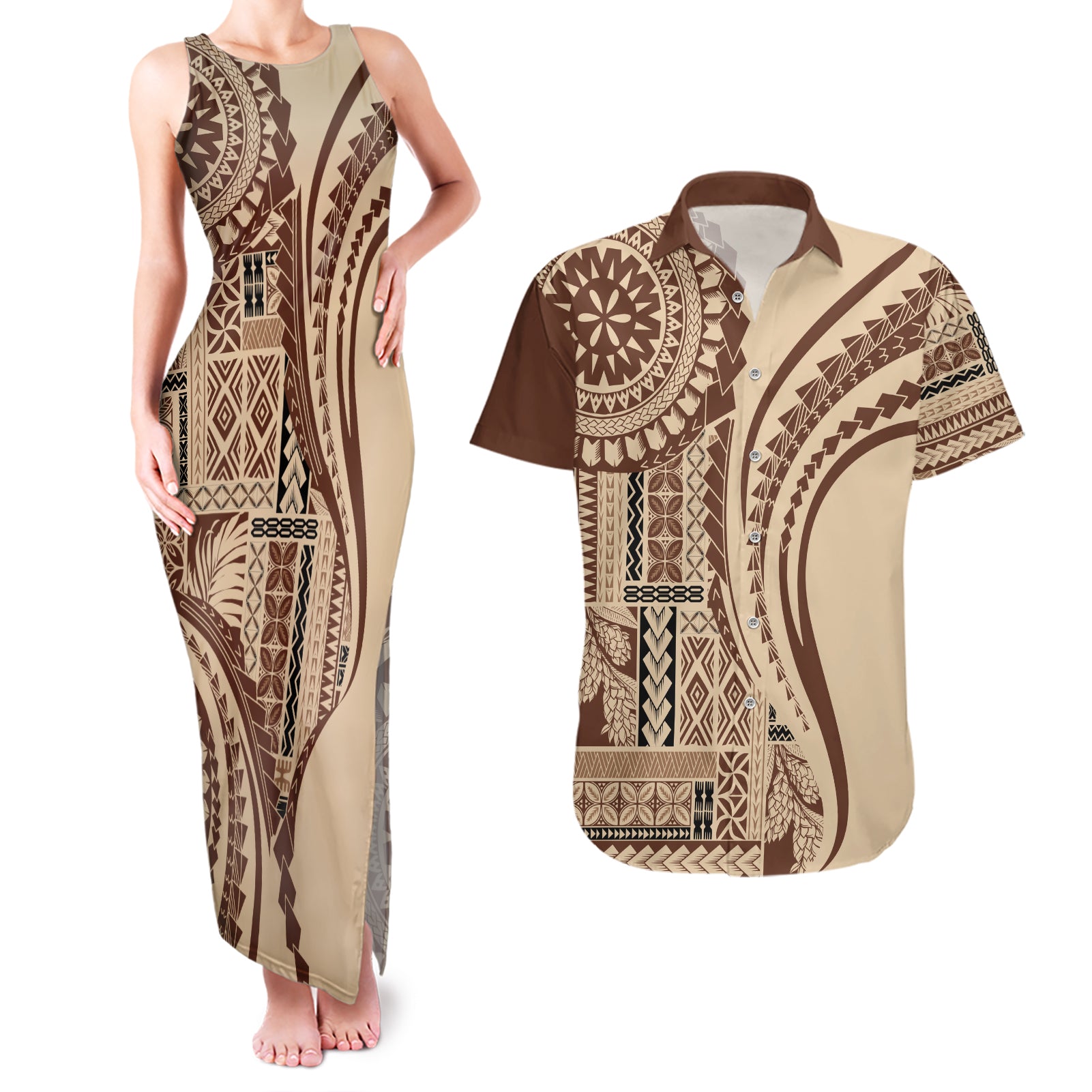 Samoa Siapo Arty Couples Matching Tank Maxi Dress and Hawaiian Shirt Brown Style LT9 Brown - Polynesian Pride