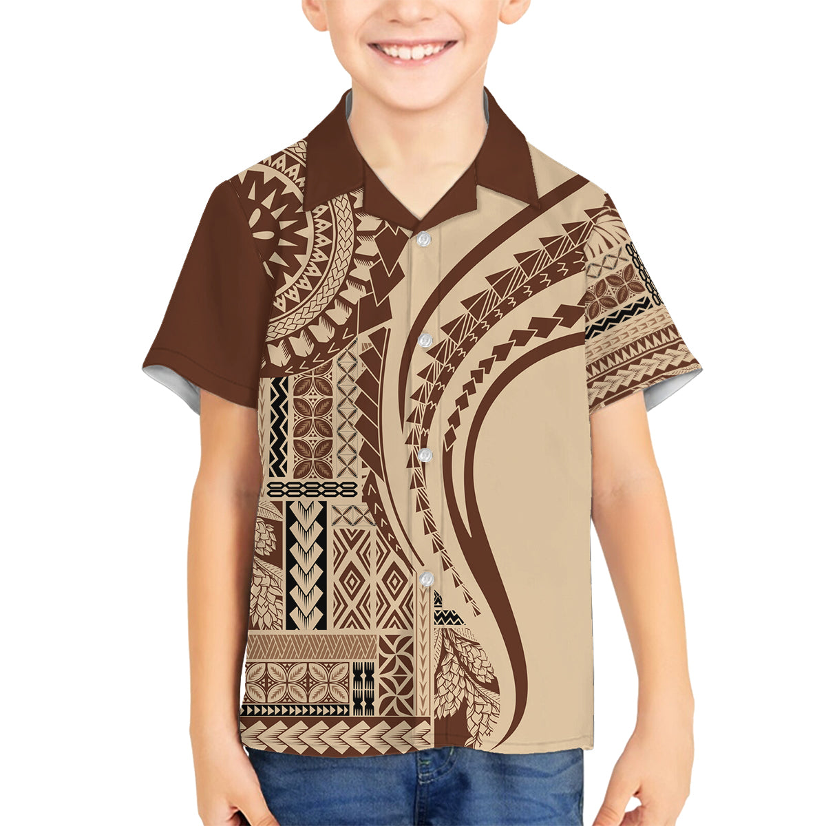 Samoa Siapo Arty Family Matching Off Shoulder Long Sleeve Dress and Hawaiian Shirt Brown Style LT9 Son's Shirt Brown - Polynesian Pride