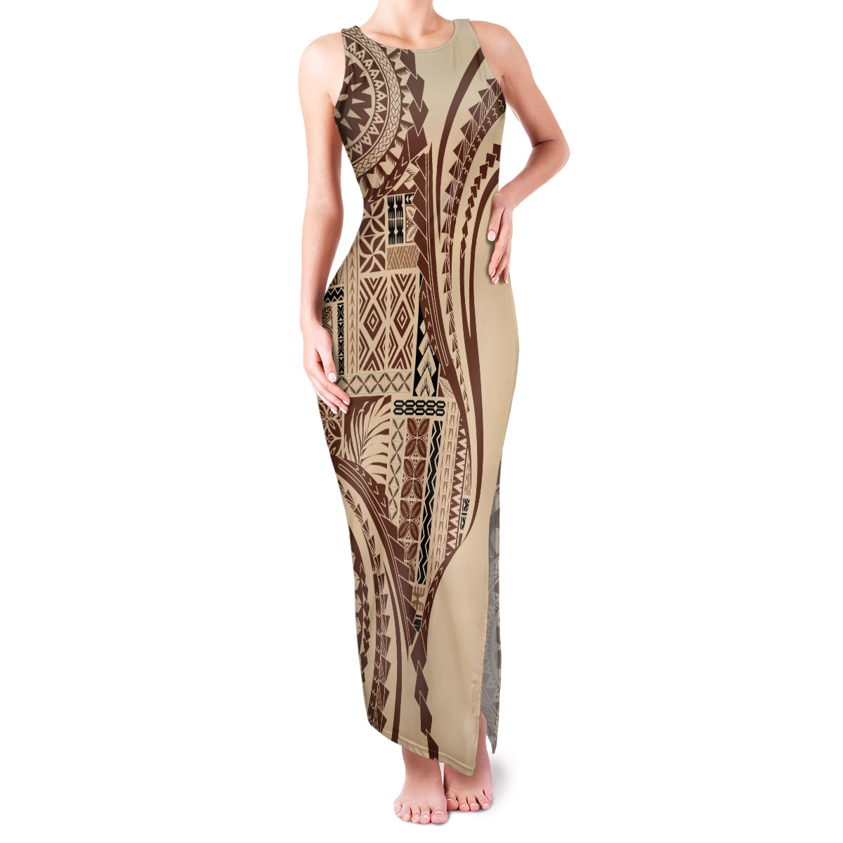 Samoa Siapo Arty Family Matching Tank Maxi Dress and Hawaiian Shirt Brown Style LT9 Mom's Dress Brown - Polynesian Pride