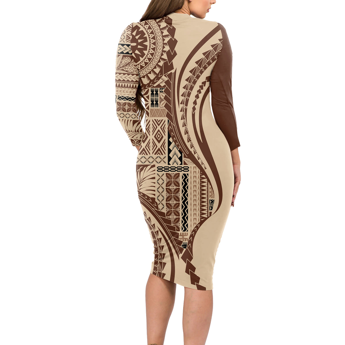 Samoa Siapo Arty Long Sleeve Bodycon Dress Brown Style LT9 - Polynesian Pride