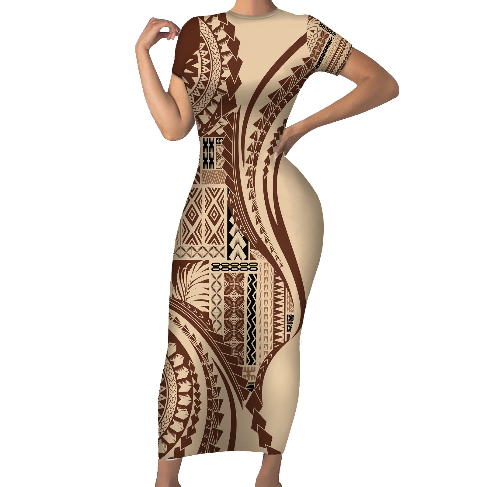 Samoa Siapo Arty Short Sleeve Bodycon Dress Brown Style LT9 Long Dress Brown - Polynesian Pride