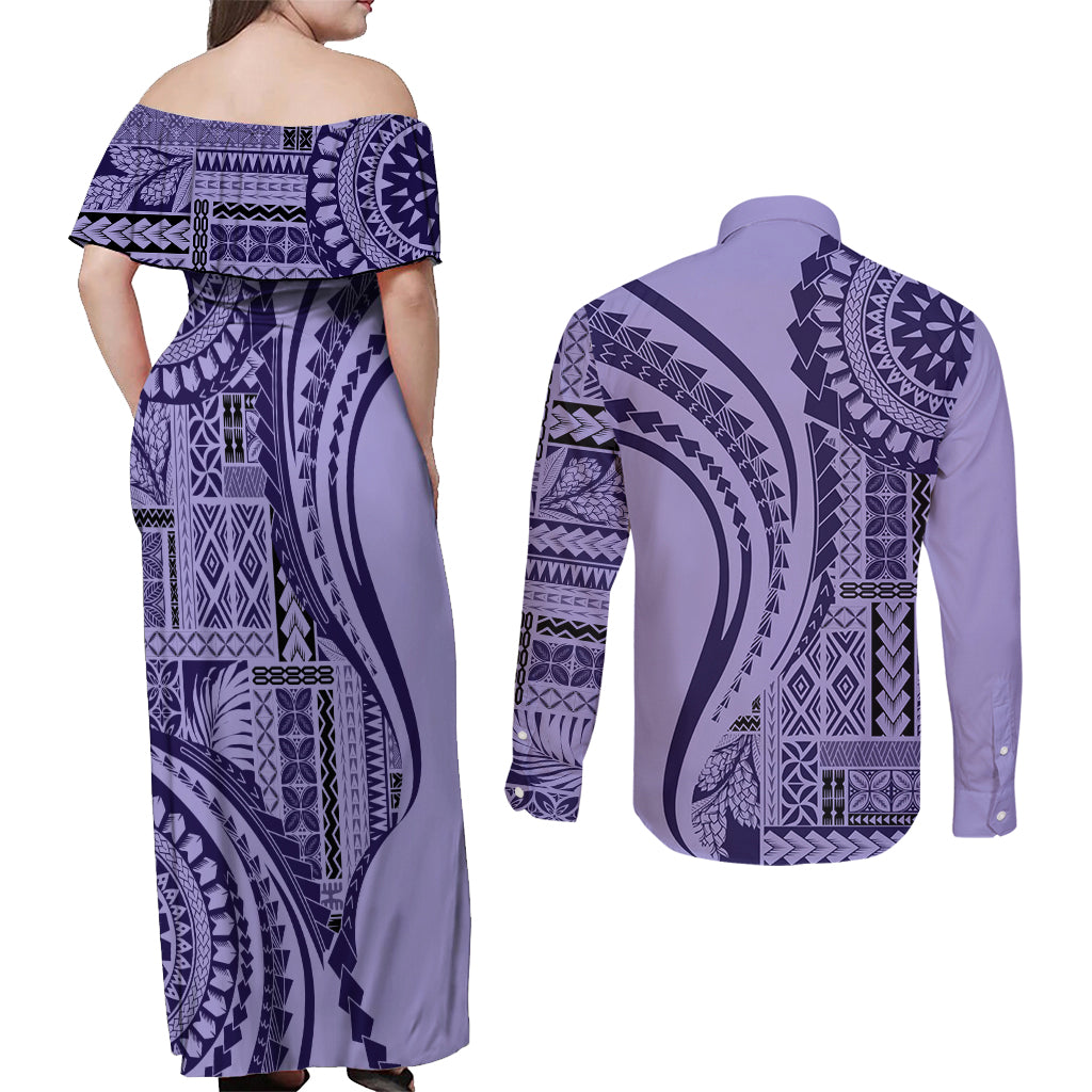Samoa Siapo Arty Couples Matching Off Shoulder Maxi Dress and Long Sleeve Button Shirt Purple Style LT9 - Polynesian Pride