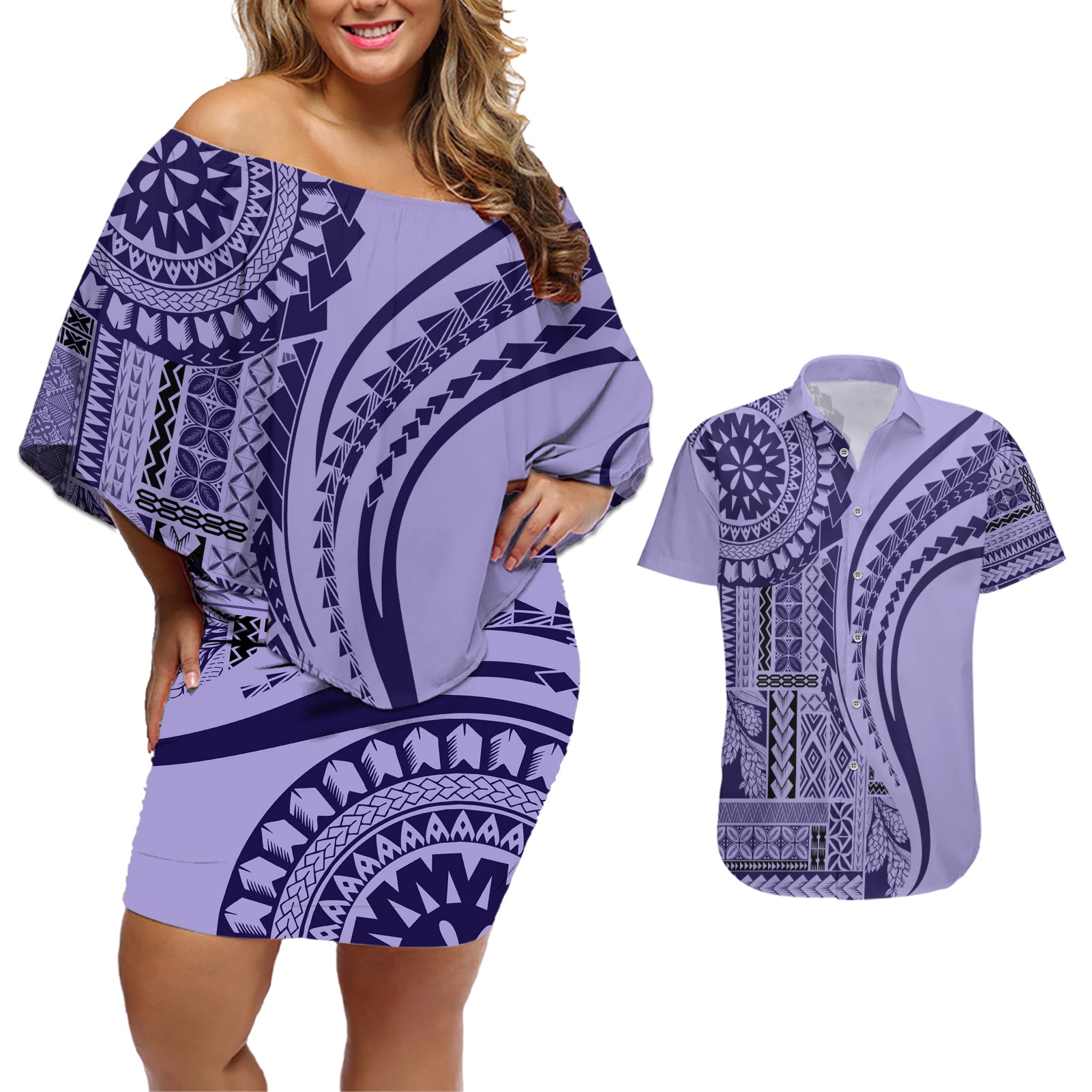 Samoa Siapo Arty Couples Matching Off Shoulder Short Dress and Hawaiian Shirt Purple Style LT9 Purple - Polynesian Pride