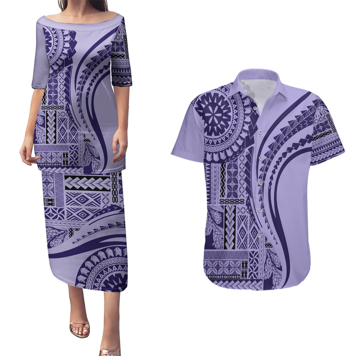 Samoa Siapo Arty Couples Matching Puletasi Dress and Hawaiian Shirt Purple Style LT9 Purple - Polynesian Pride