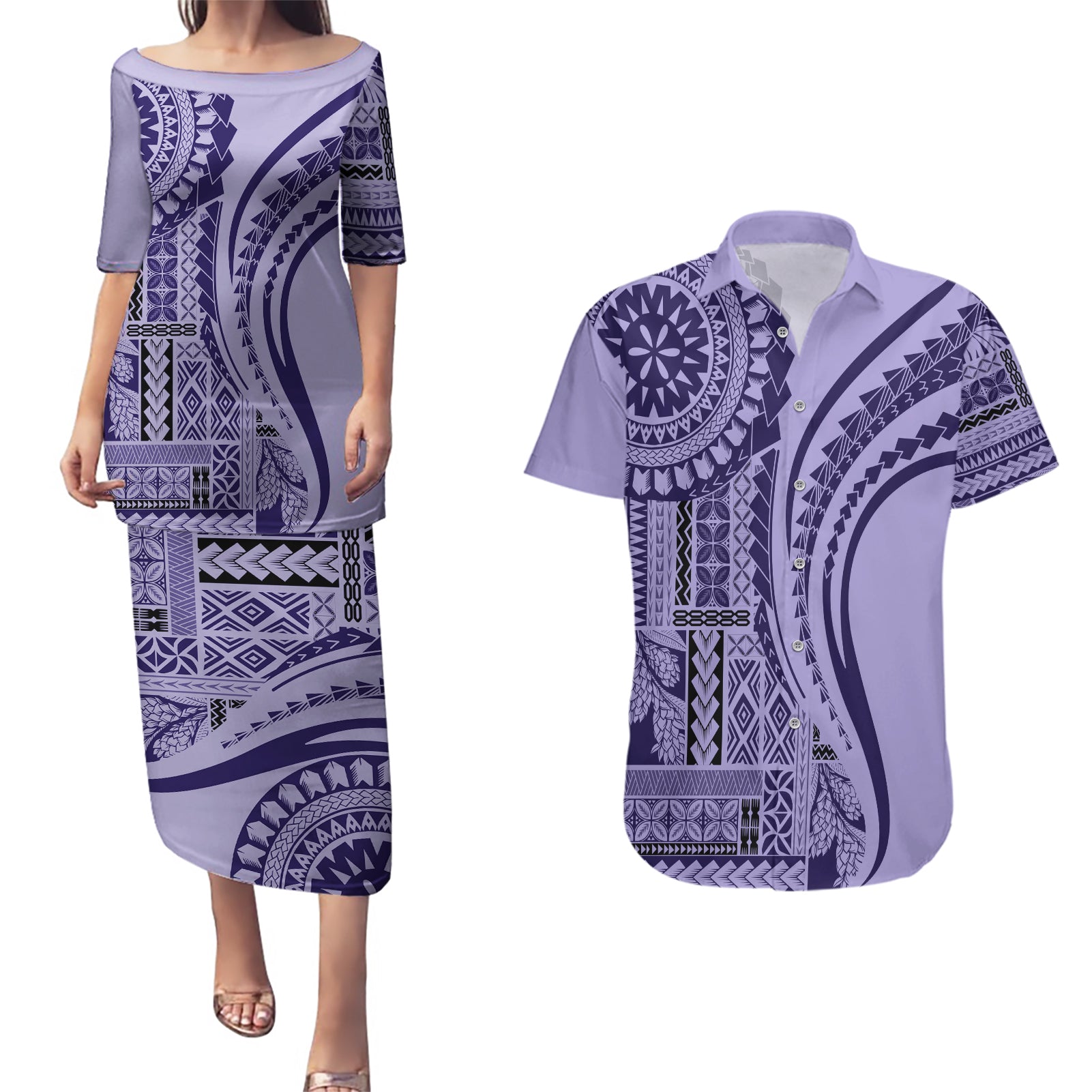 Samoa Siapo Arty Couples Matching Puletasi Dress and Hawaiian Shirt Purple Style LT9 Purple - Polynesian Pride