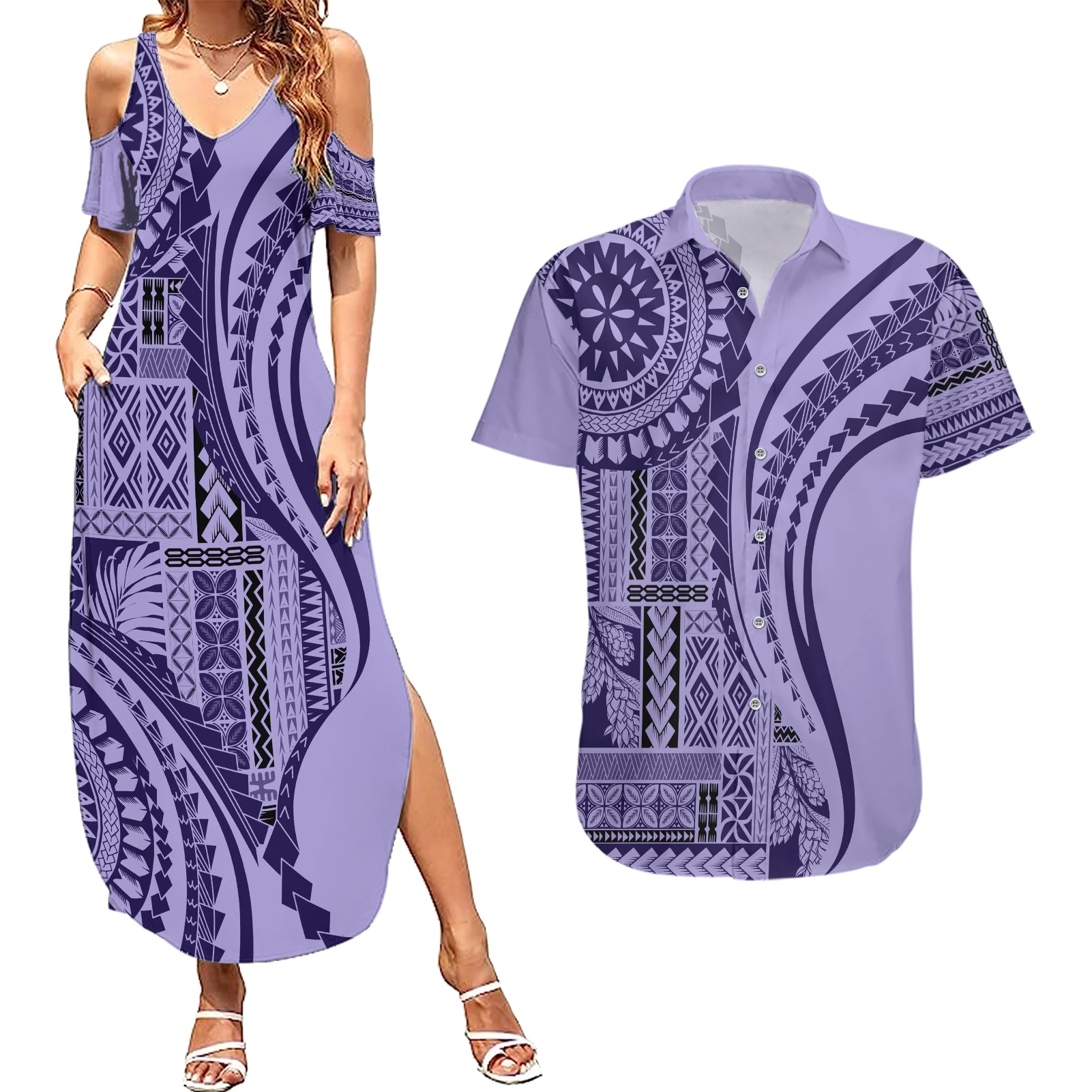 Samoa Siapo Arty Couples Matching Summer Maxi Dress and Hawaiian Shirt Purple Style LT9 Purple - Polynesian Pride