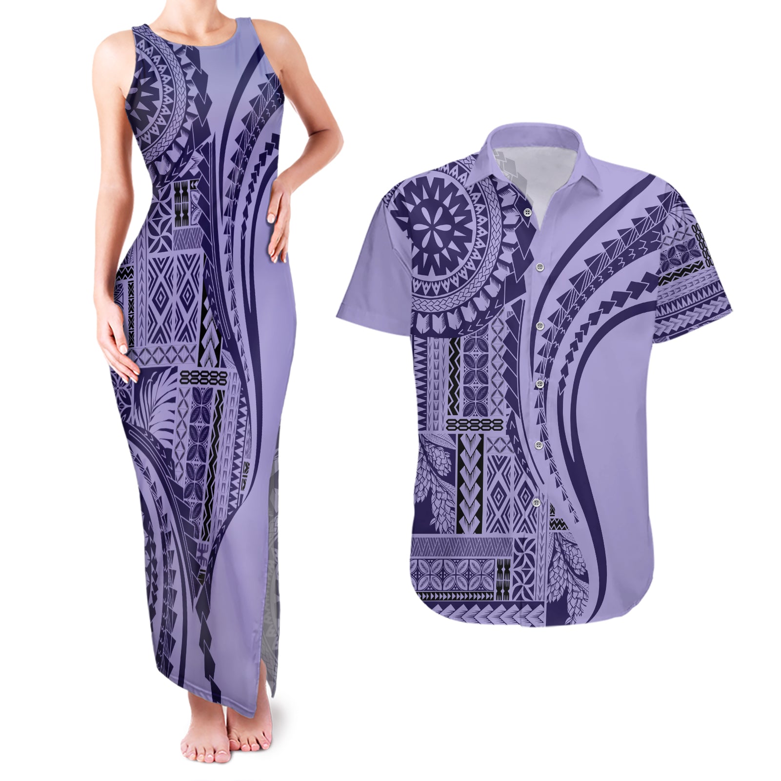 Samoa Siapo Arty Couples Matching Tank Maxi Dress and Hawaiian Shirt Purple Style LT9 Purple - Polynesian Pride