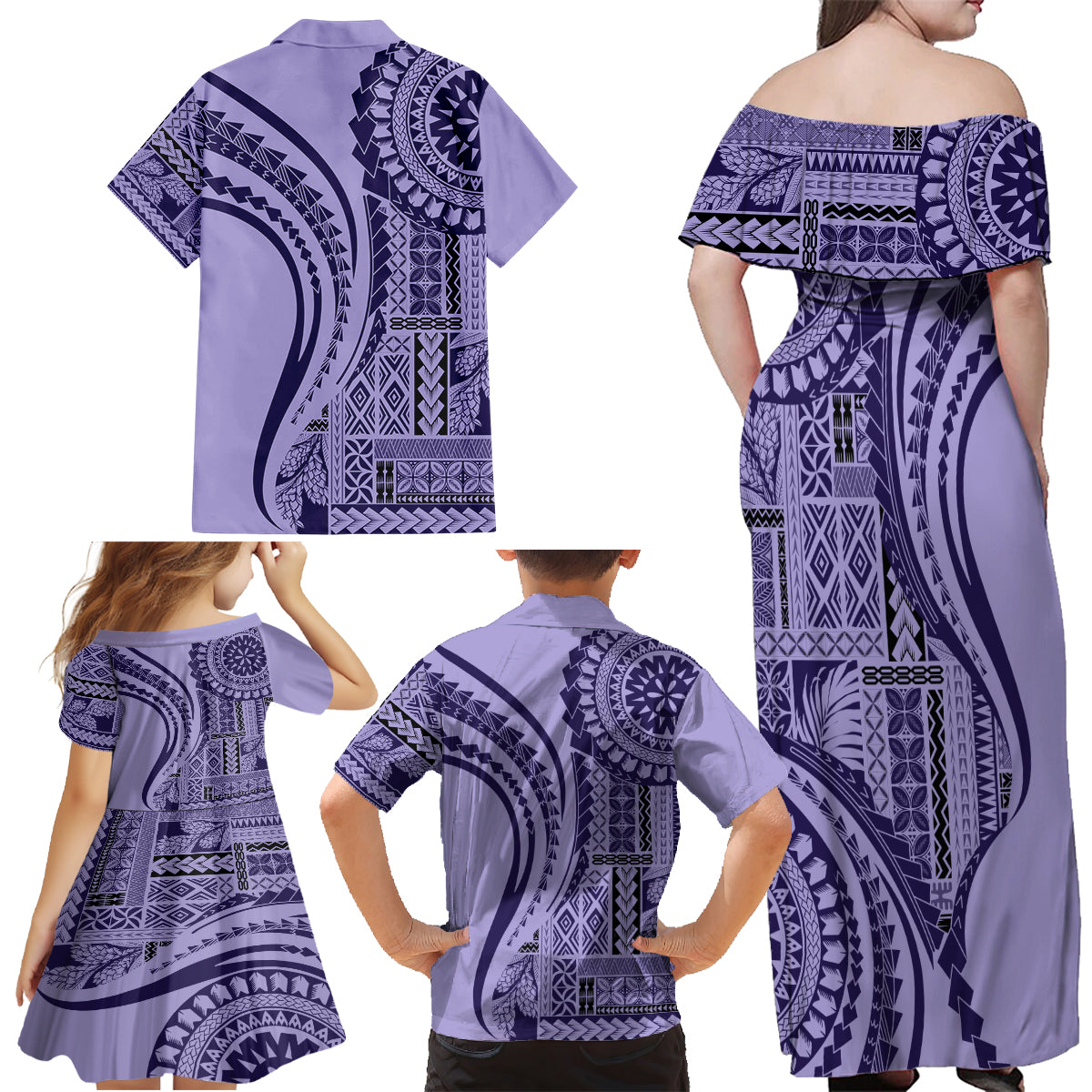 Samoa Siapo Arty Family Matching Off Shoulder Maxi Dress and Hawaiian Shirt Purple Style LT9 - Polynesian Pride