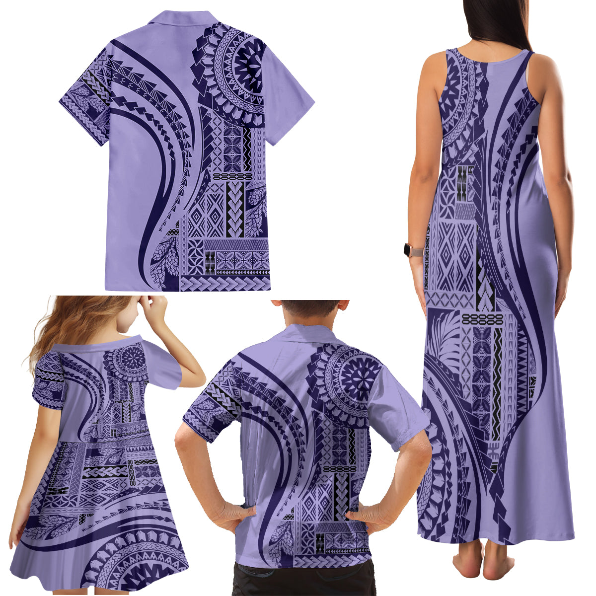 Samoa Siapo Arty Family Matching Tank Maxi Dress and Hawaiian Shirt Purple Style LT9 - Polynesian Pride