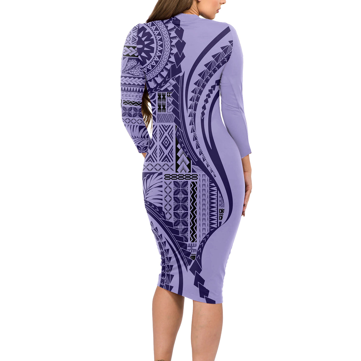 Samoa Siapo Arty Long Sleeve Bodycon Dress Purple Style LT9 - Polynesian Pride