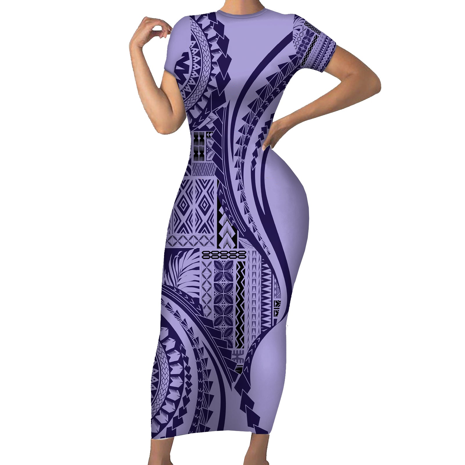 Samoa Siapo Arty Short Sleeve Bodycon Dress Purple Style LT9 Long Dress Purple - Polynesian Pride