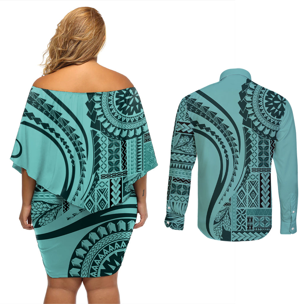Samoa Siapo Arty Couples Matching Off Shoulder Short Dress and Long Sleeve Button Shirt Turquoise Style LT9 - Polynesian Pride