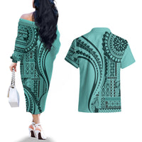 Samoa Siapo Arty Couples Matching Off The Shoulder Long Sleeve Dress and Hawaiian Shirt Turquoise Style LT9 - Polynesian Pride
