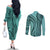Samoa Siapo Arty Couples Matching Off The Shoulder Long Sleeve Dress and Long Sleeve Button Shirt Turquoise Style LT9 - Polynesian Pride