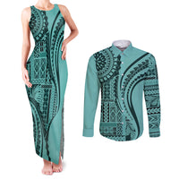 Samoa Siapo Arty Couples Matching Tank Maxi Dress and Long Sleeve Button Shirt Turquoise Style LT9 Turquoise - Polynesian Pride