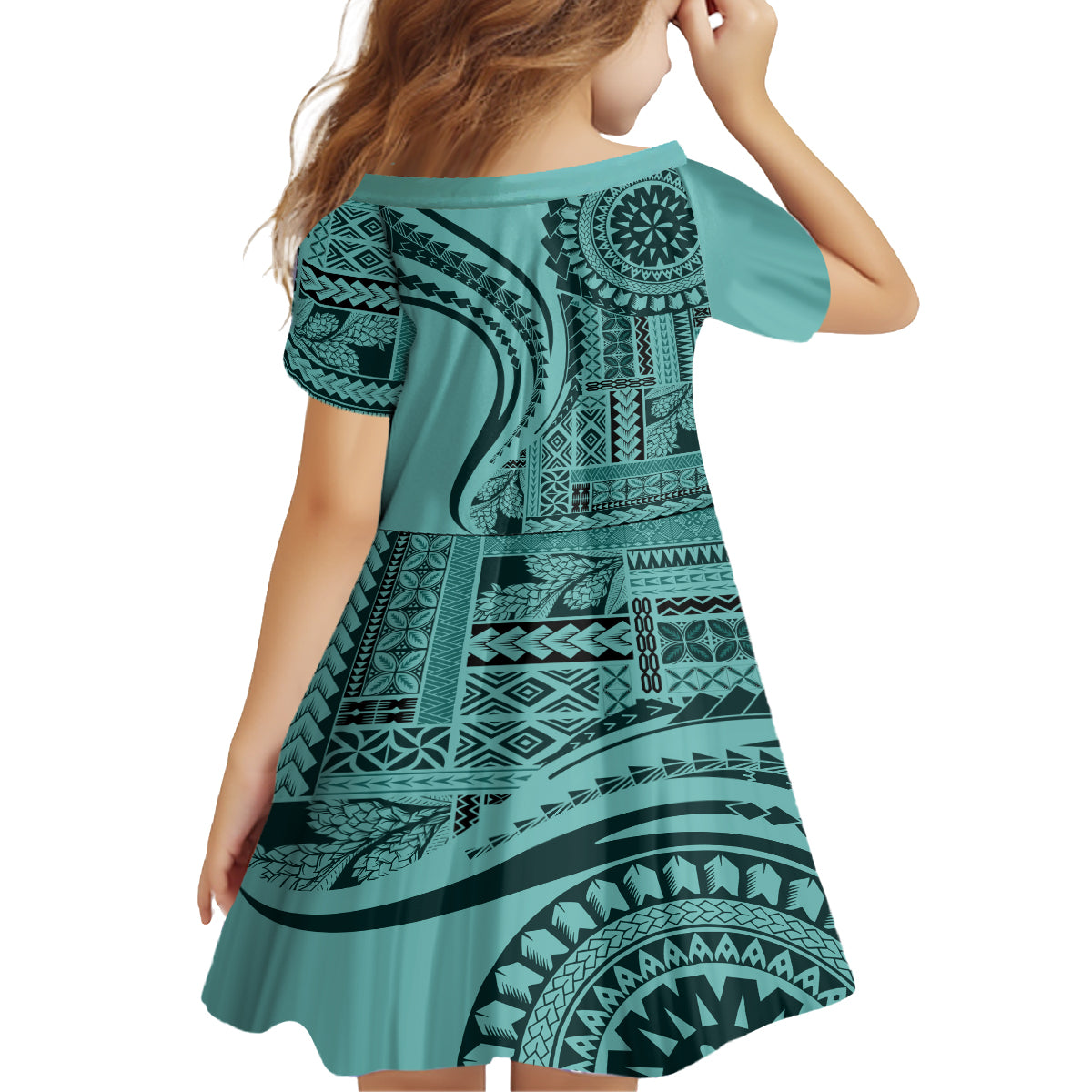 Samoa Siapo Arty Family Matching Long Sleeve Bodycon Dress and Hawaiian Shirt Turquoise Style LT9 - Polynesian Pride
